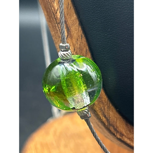 Handmade Green Swirl Glass Marble Pendant Necklace | 30" Long Steel