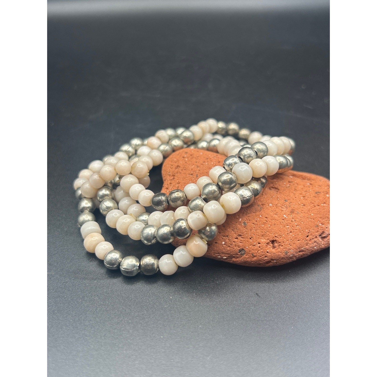 Vintage 4 Strand Glass and Silver Tone Beaded Bracelet
