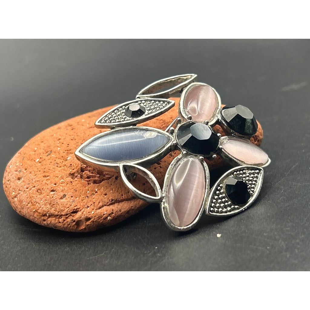 Vintage 1980s Evil Eye Brooch Pin Pink Black Purple Marquise Silver Tone Gothic