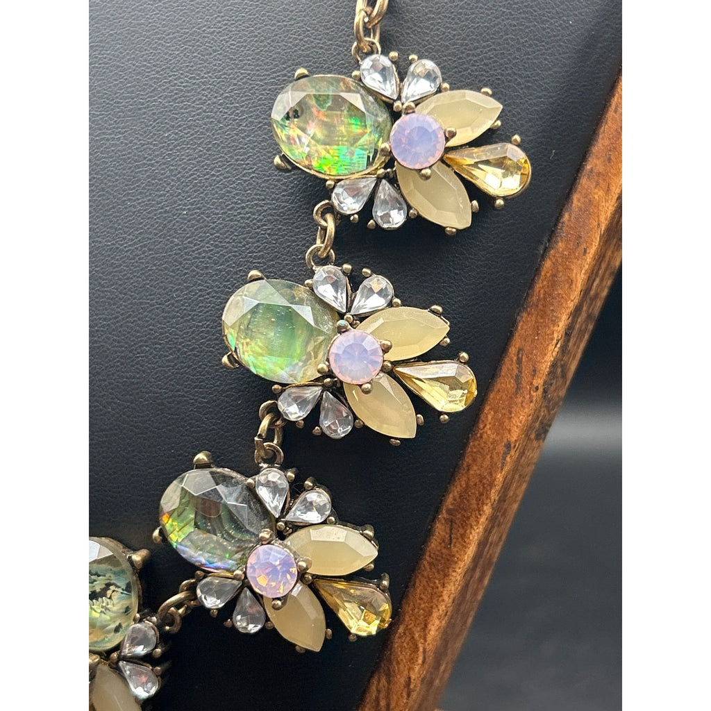 Vintage Gold Tone Pastel Green AB Crystal Cluster Statement Necklace