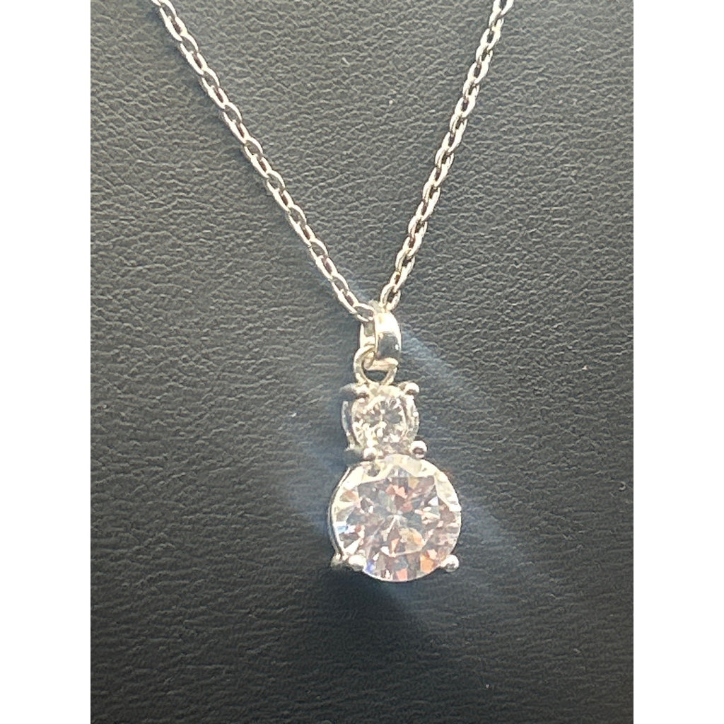 Silver Tone Faux Diamond CZ Double Round Drop Pendant Necklace