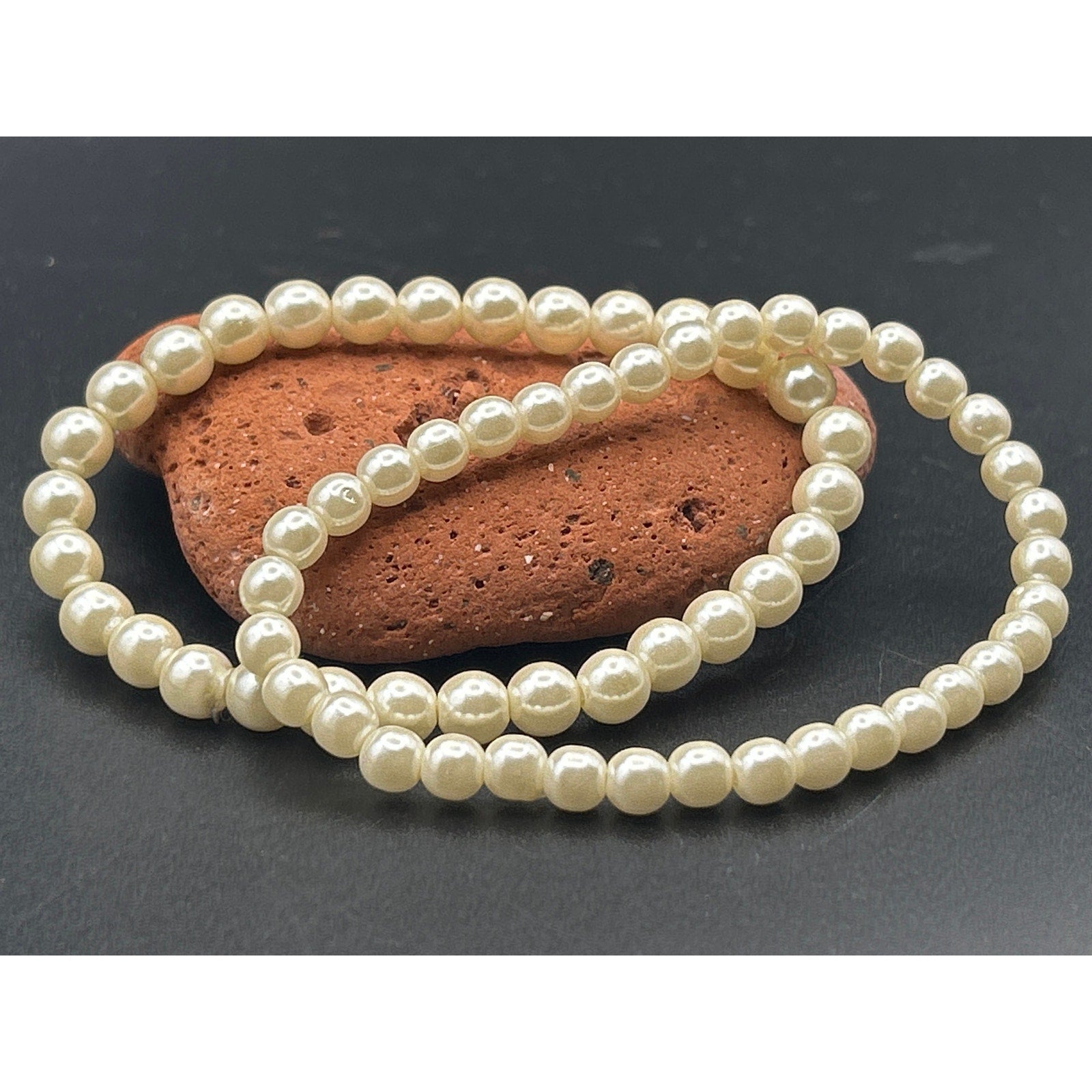 Vintage 1980s Faux Pearl Stretch Bracelets Set of 2 | Retro Stackable Ivory