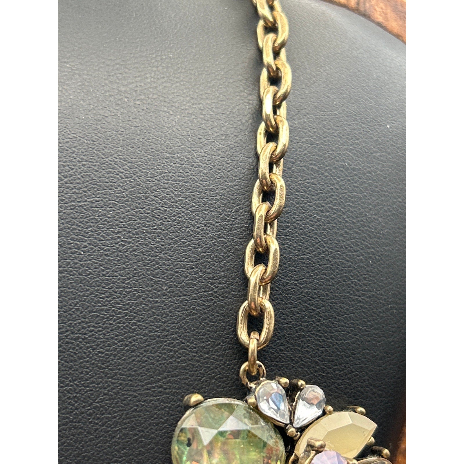 Vintage Gold Tone Pastel Green AB Crystal Cluster Statement Necklace