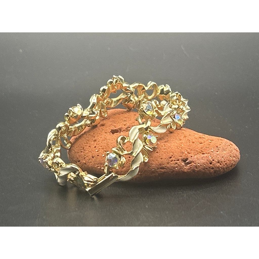 Vintage Gold Tone AB Crystal Bracelet | Retro Chunky Cream Enamel Swirl
