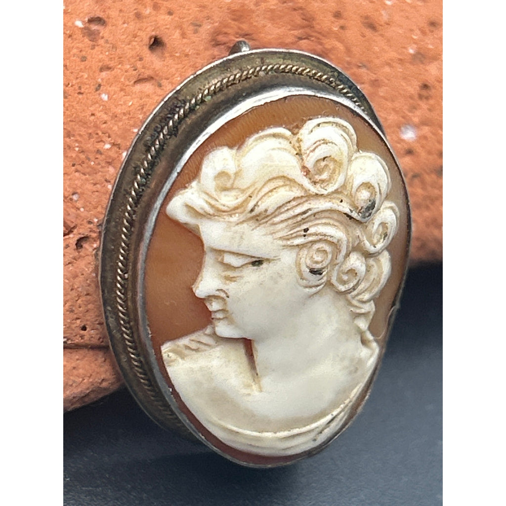 Antique Greek Style Shell Cameo Brooch and Pendant in 800 Silver - 1" x 0.75"