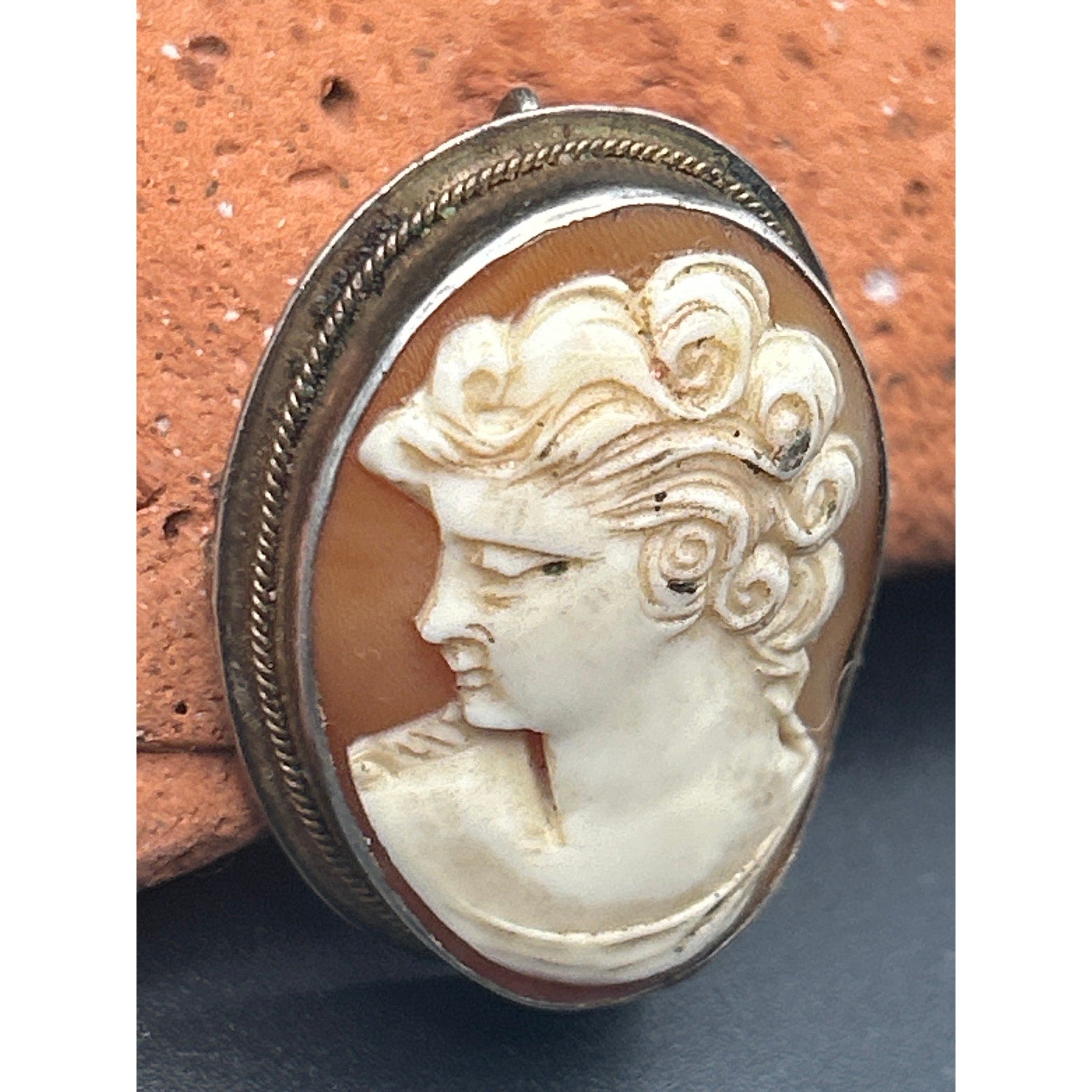 Antique Greek Style Shell Cameo Brooch and Pendant in 800 Silver - 1" x 0.75"