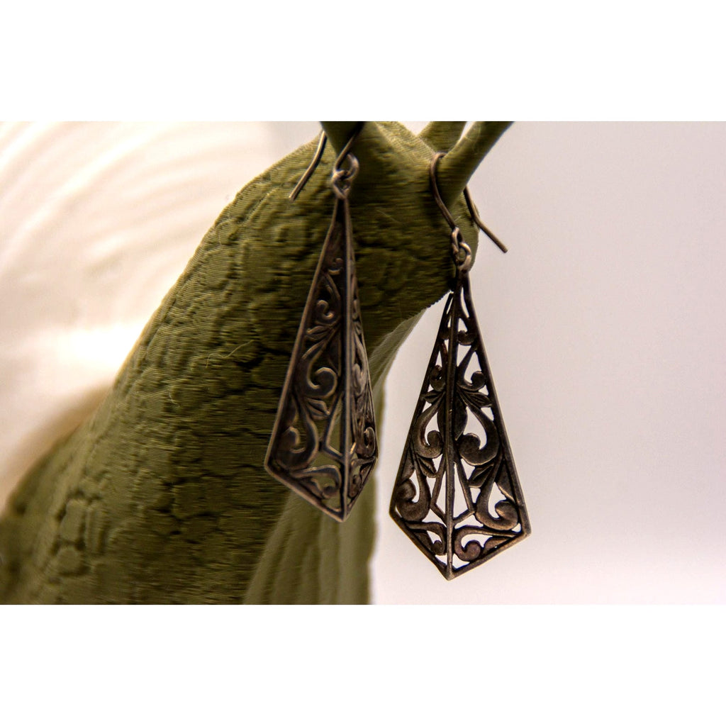 Vintage 925 Sterling Silver Filigree Dangle Drop Earrings Boho Openwork 1970s