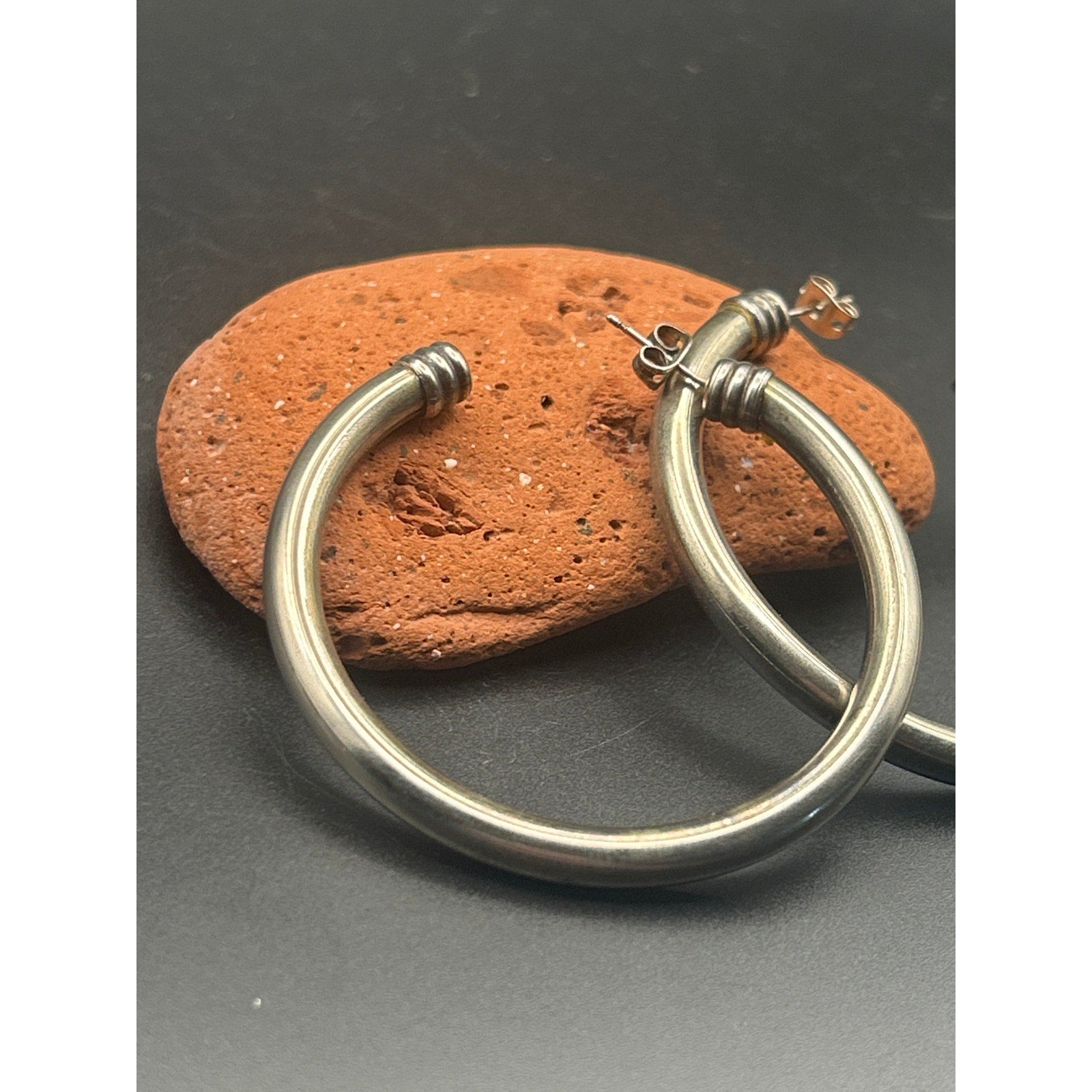 Vintage Silver Tone Wire Wrapped Cuffed Open Hoop Earrings 2 Inch