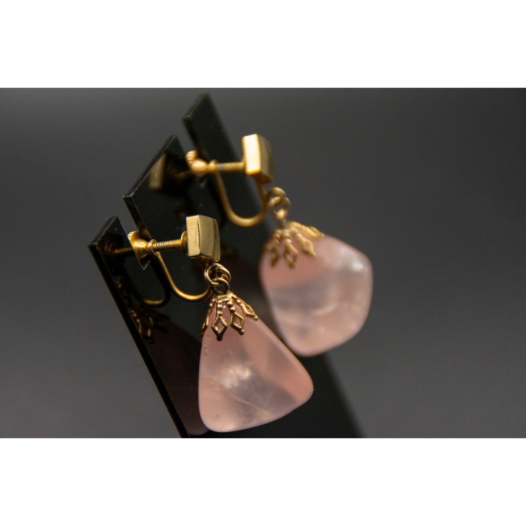 Vtg Rose Quartz Dangle Earrings Gold Tone Screw Back Handcrafted Love Crystal