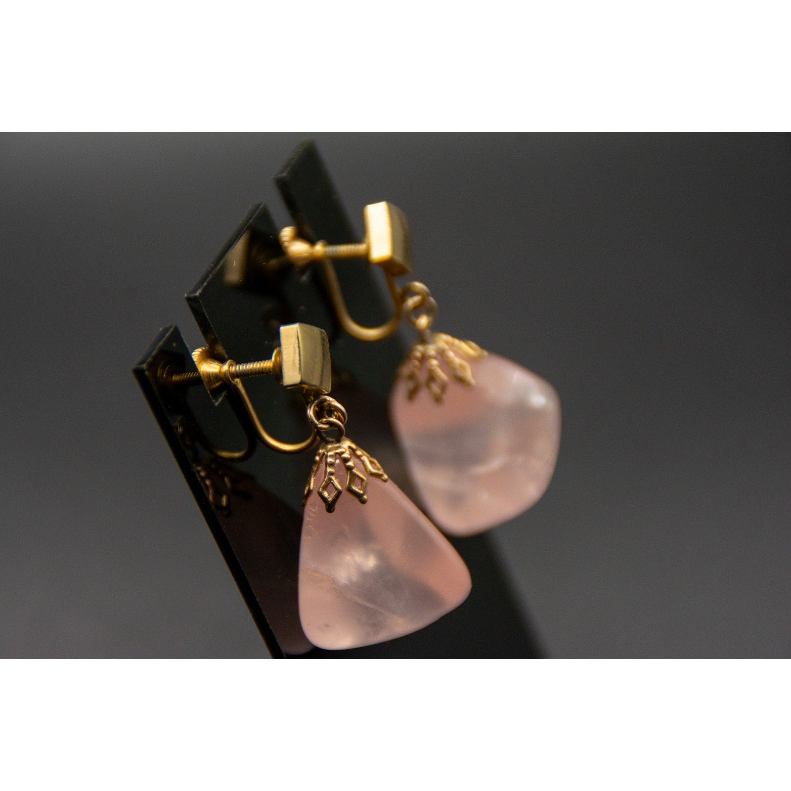 Vtg Rose Quartz Dangle Earrings Gold Tone Screw Back Handcrafted Love Crystal