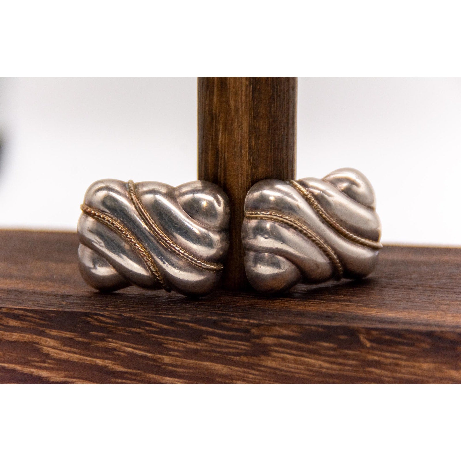 Vintage Sterling Silver Clip Earrings - Modernist Ribbed Gold Accent