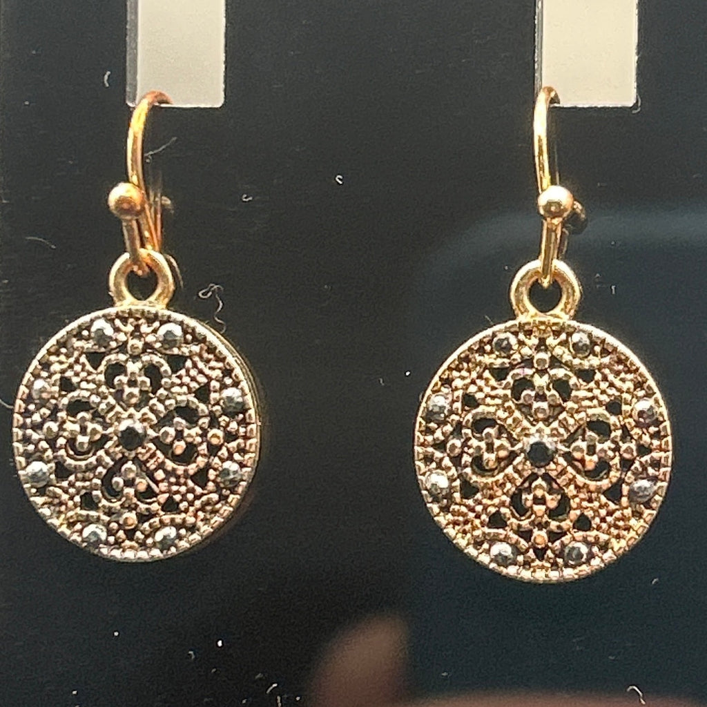 Vintage Gold Tone SE Asian Style Filigree Disc Dangle Earrings Black Stone