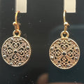 Vintage Gold Tone SE Asian Style Filigree Disc Dangle Earrings Black Stone