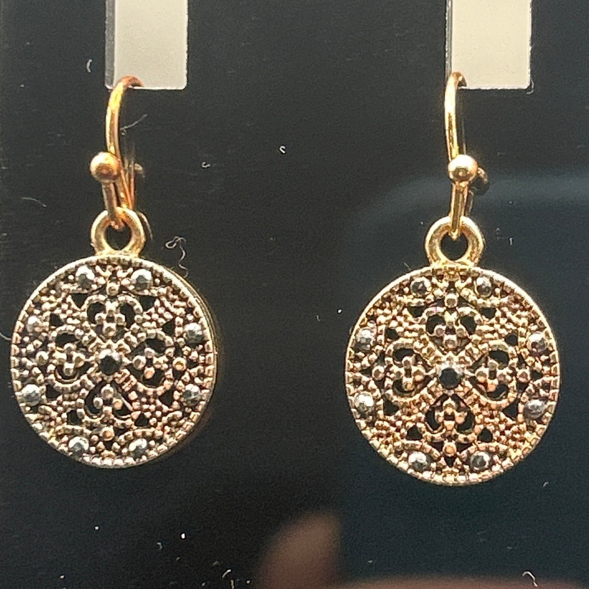 Vintage Gold Tone SE Asian Style Filigree Disc Dangle Earrings Black Stone