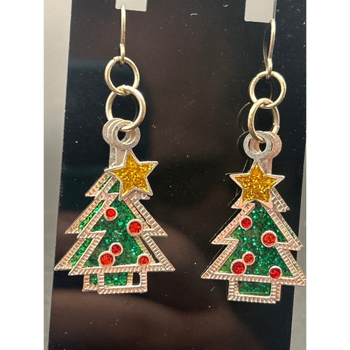 Christmas Tree Enamel Silver Tone Triple Layer Dangle Earrings Holiday Xmas