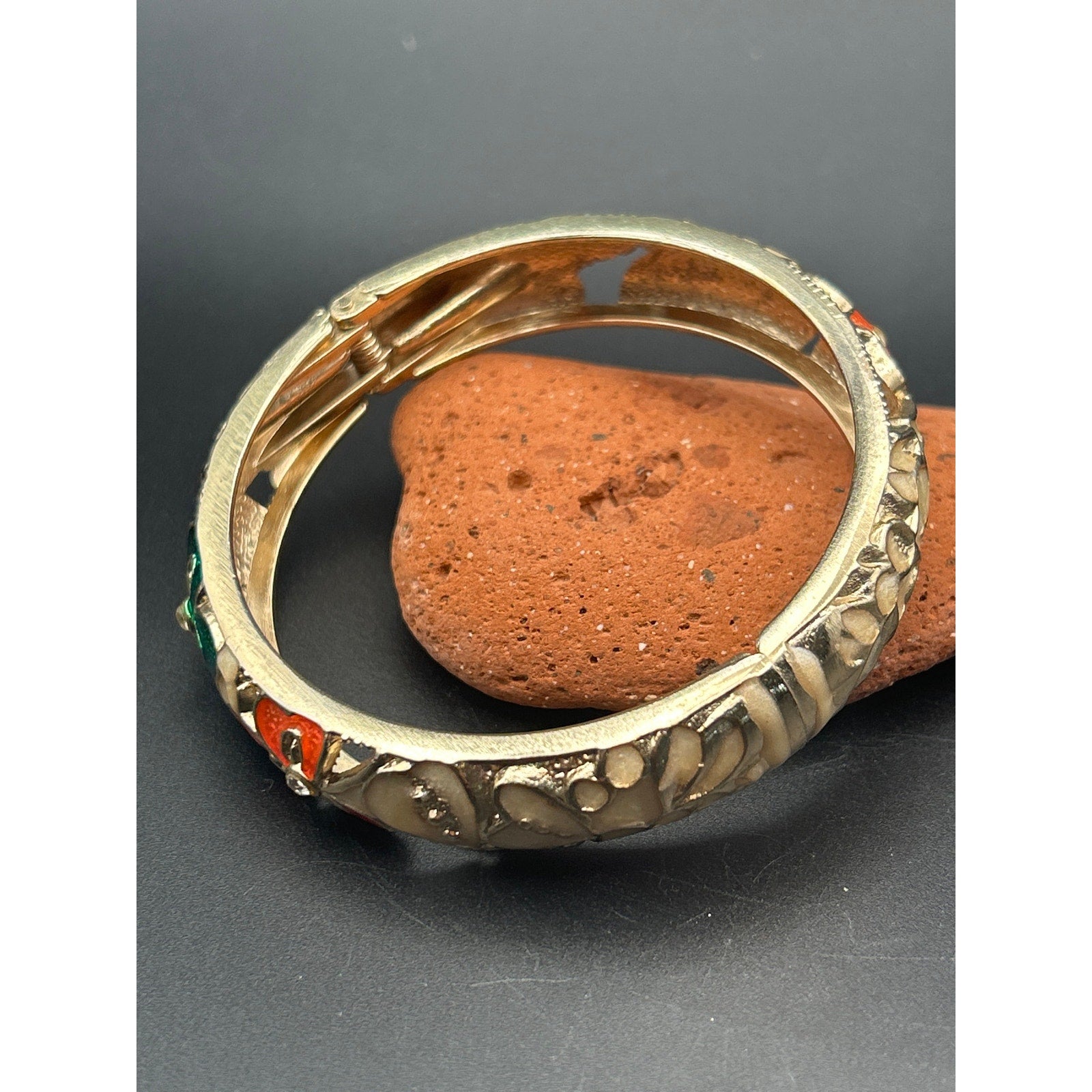 Vintage Floral Enamel Hinged Clamper Bangle Bracelet | Gold Tone Orange Green