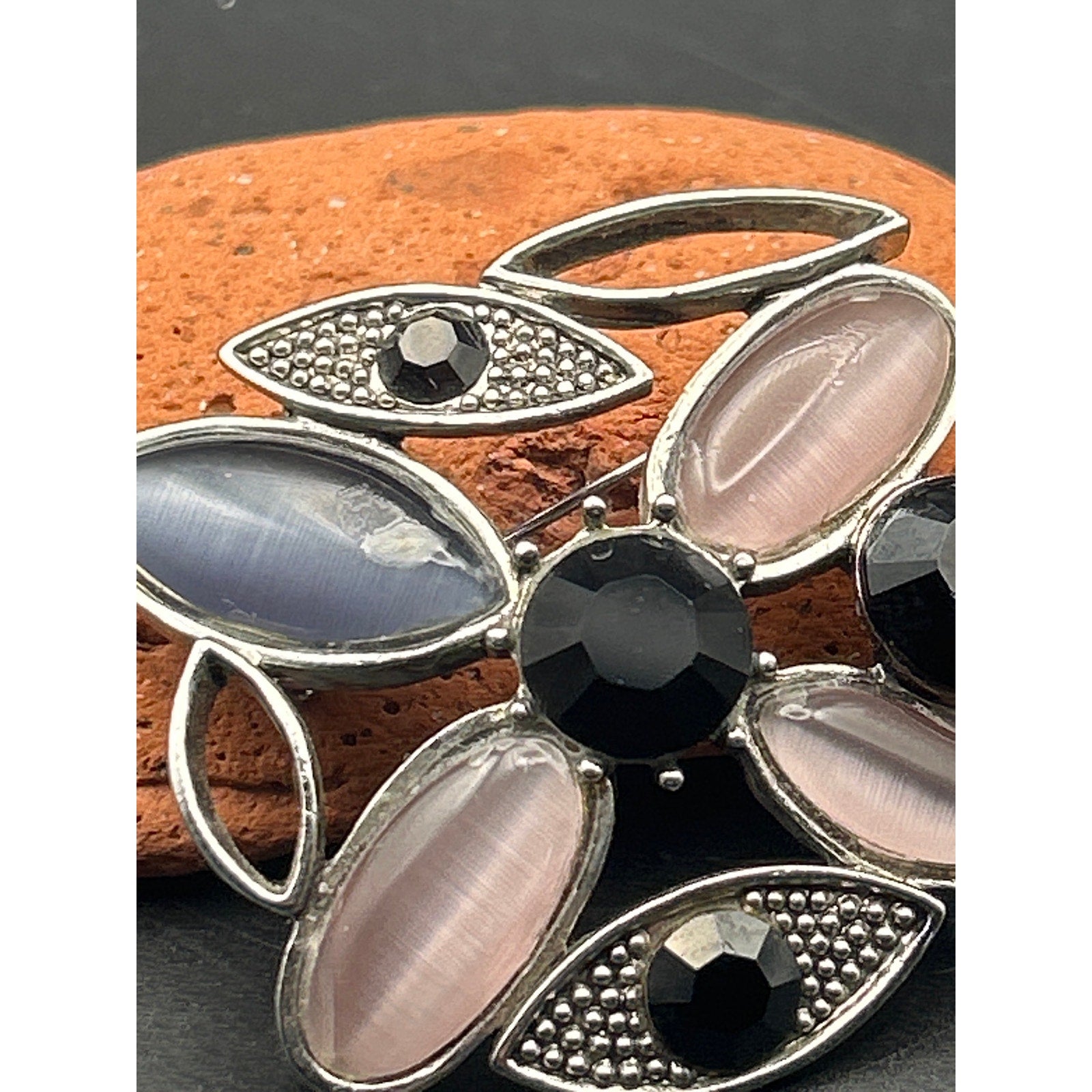 Vintage 1980s Evil Eye Brooch Pin Pink Black Purple Marquise Silver Tone Gothic