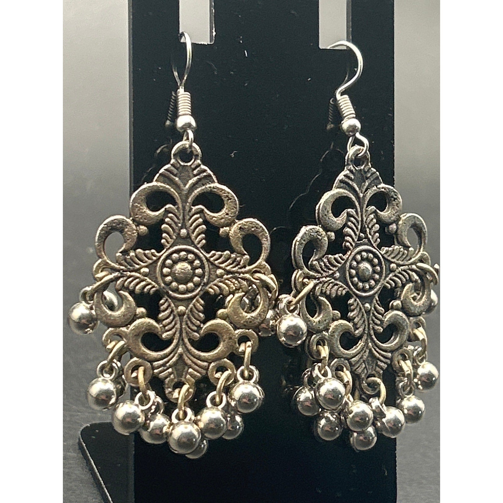 Tribal Oxidized Silver Drop Earrings | Boho Floral Dangle Beads