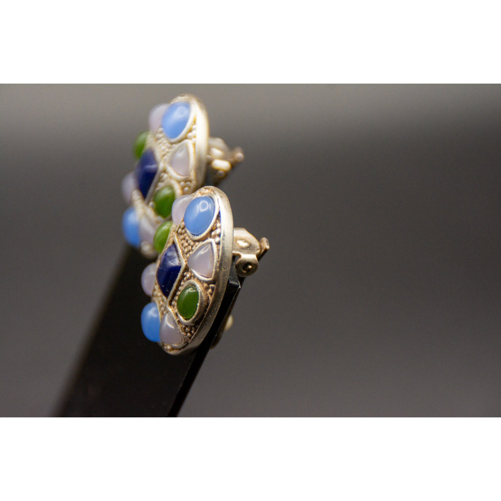 Vintage Chicos Mosaic Clip-On Earrings Faux Lapis Blue Green Glass 90s
