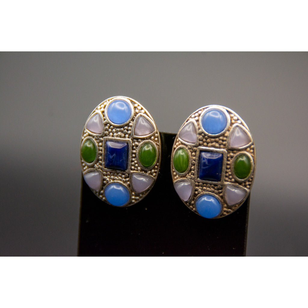 Vintage Chicos Mosaic Clip-On Earrings Faux Lapis Blue Green Glass 90s