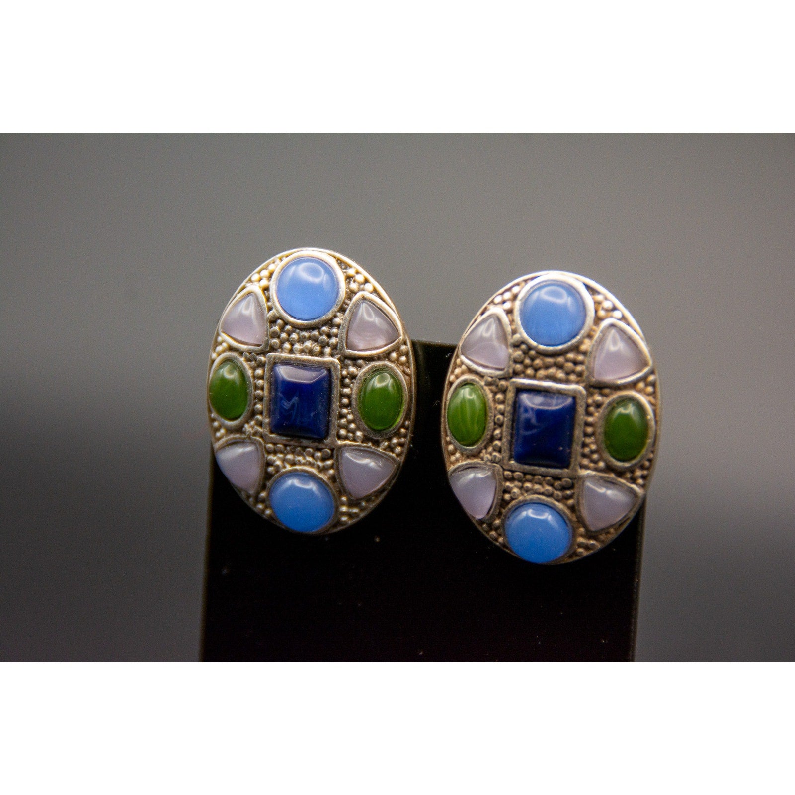 Vintage Chicos Mosaic Clip-On Earrings Faux Lapis Blue Green Glass 90s