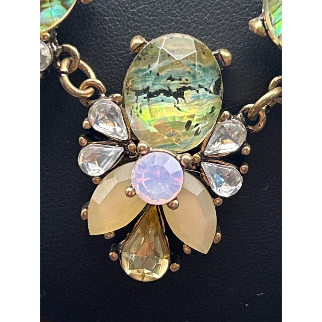 Vintage Gold Tone Pastel Green AB Crystal Cluster Statement Necklace