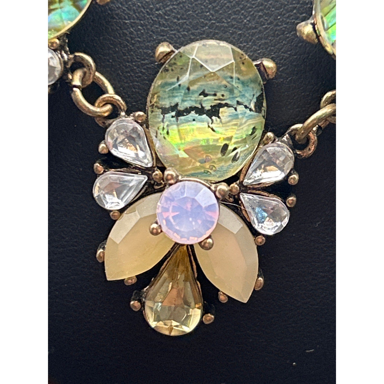 Vintage Gold Tone Pastel Green AB Crystal Cluster Statement Necklace