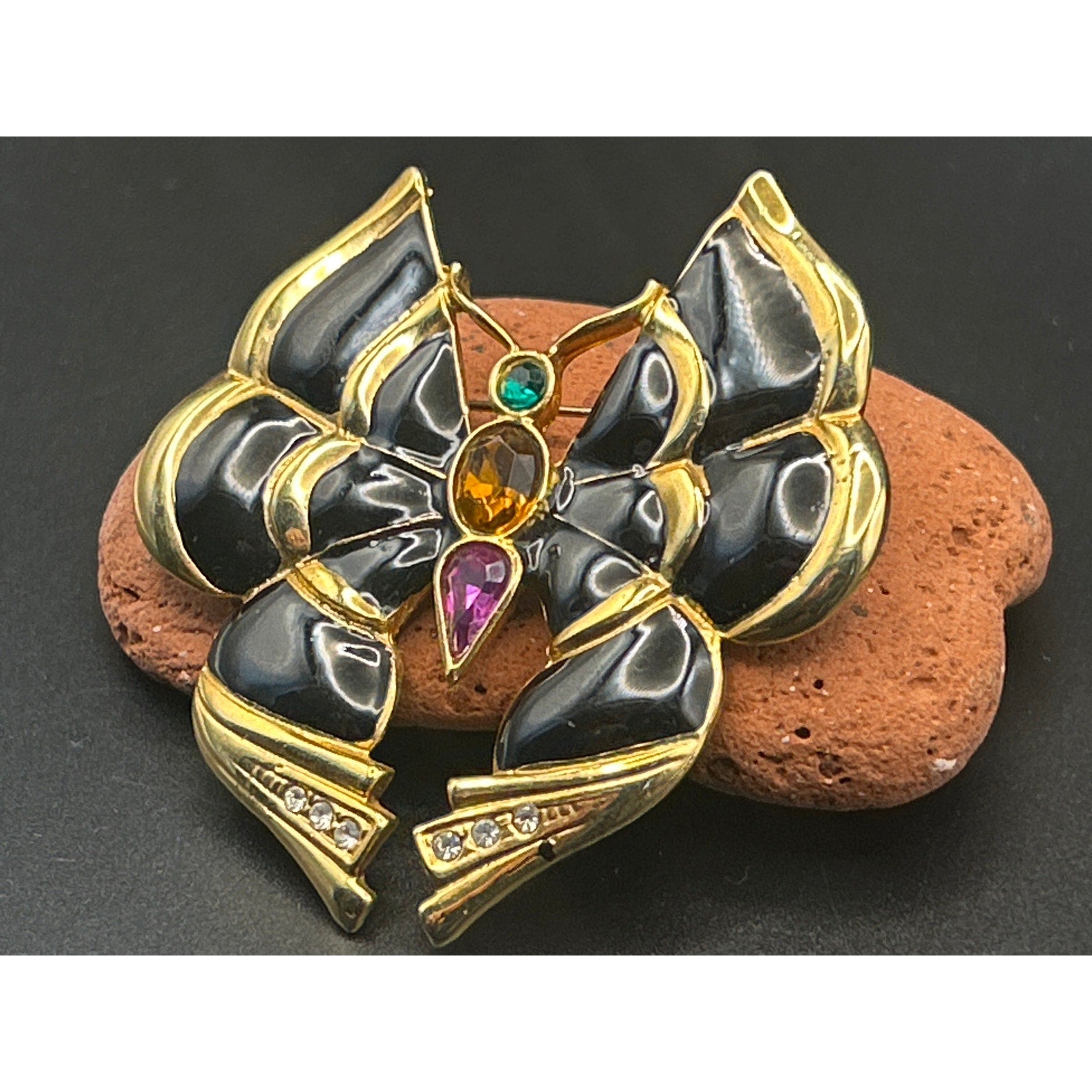 Vintage 80s Gold Tone Black Enamel Butterfly Brooch Colorful Rhinestones 2.25"