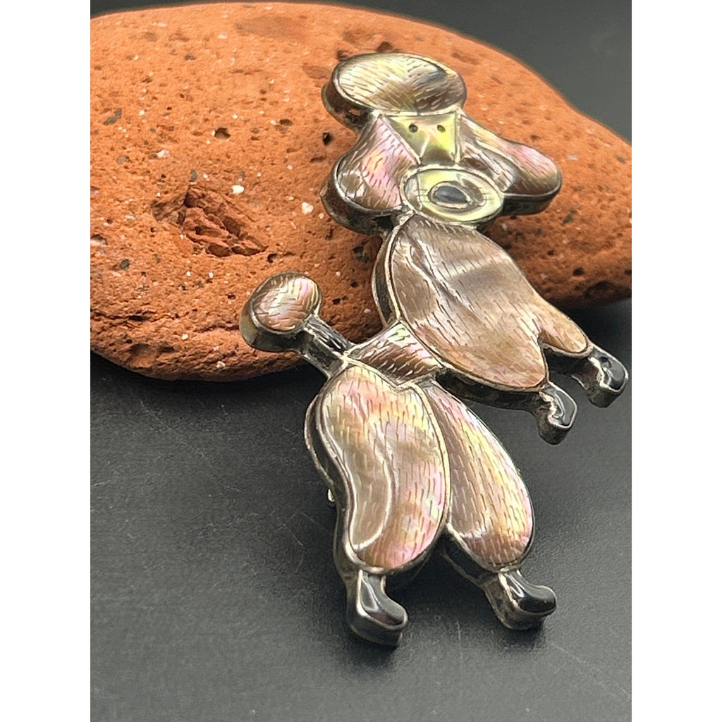 Vintage 1950s Silver Tone Pearlized Enamel Dancing Poodle Dog Brooch