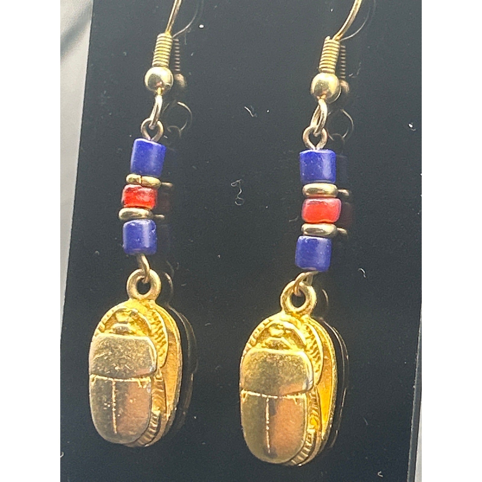 Vintage Egyptian Revival Scarab Earrings | Gold Tone Blue Red Bead Drop