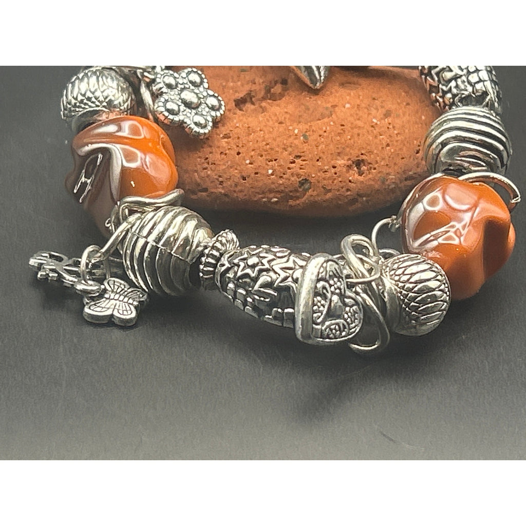 Vintage Orange Beaded Charm Bracelet | Silver Tone Heart Butterfly Dragonfly