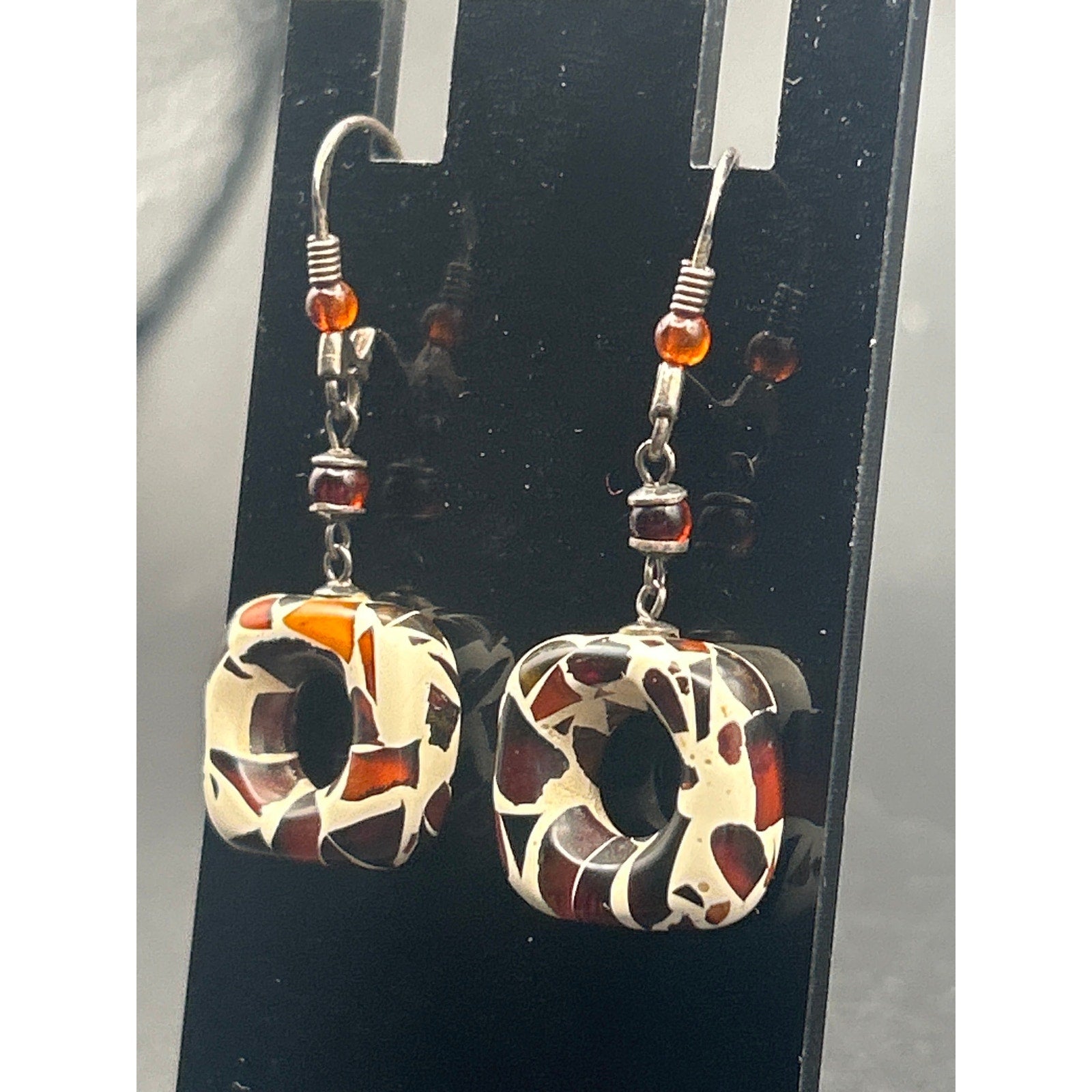 Vintage Modernist Resin Swirl Drop Dangle Earrings Amber Accent