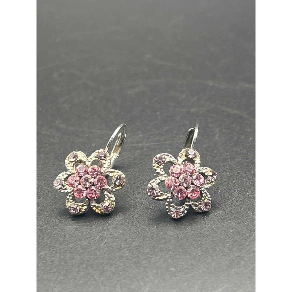 Vintage Silver Tone Pink Rhinestone Floral Dangle Drop Earrings