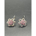 Vintage Silver Tone Pink Rhinestone Floral Dangle Drop Earrings