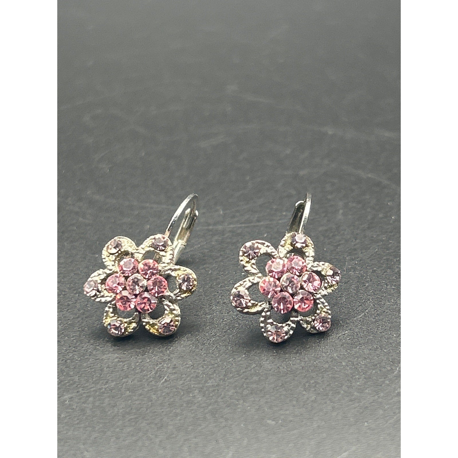 Vintage Silver Tone Pink Rhinestone Floral Dangle Drop Earrings