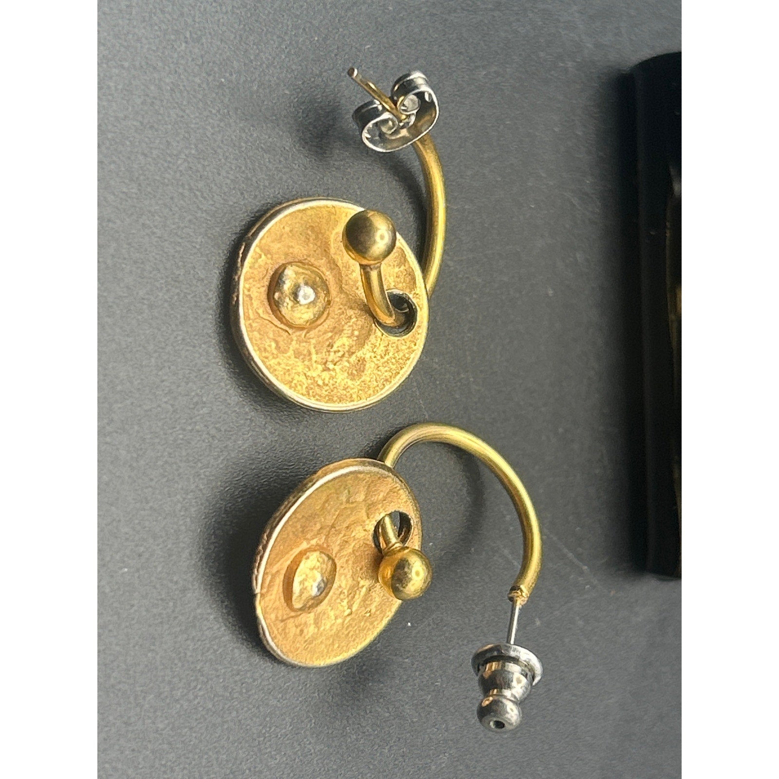 Vintage Gold Tone Textured Swirl Spiral Coin Medallion Drop Earrings