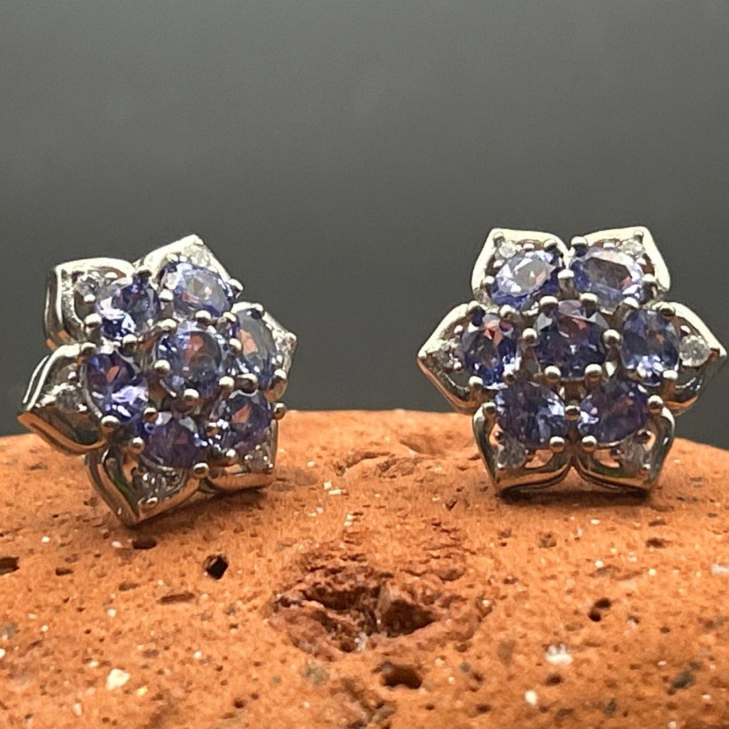 Vintage Purple White Stone Floral Rosette Cluster Stud Earrings Silver Tone