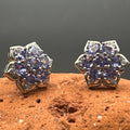 Vintage Purple White Stone Floral Rosette Cluster Stud Earrings Silver Tone