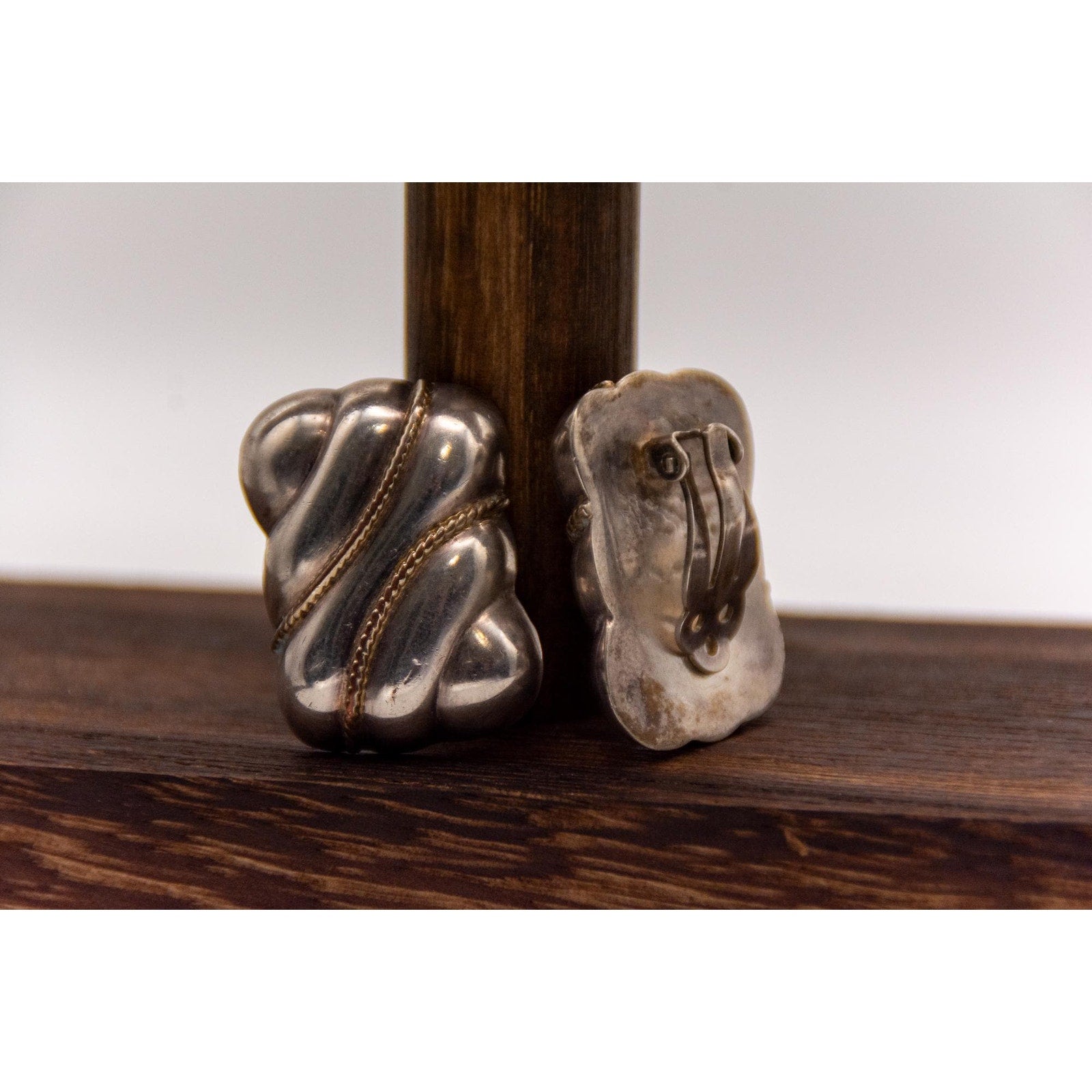 Vintage Sterling Silver Clip Earrings - Modernist Ribbed Gold Accent