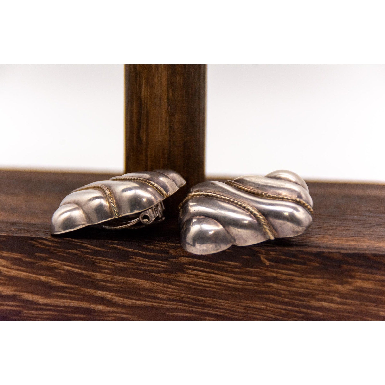 Vintage Sterling Silver Clip Earrings - Modernist Ribbed Gold Accent