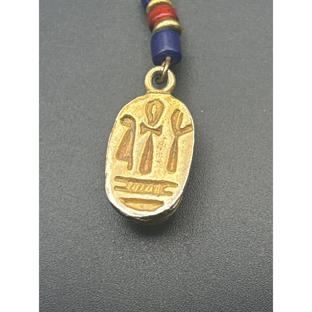 Vintage Egyptian Revival Scarab Earrings | Gold Tone Blue Red Bead Drop