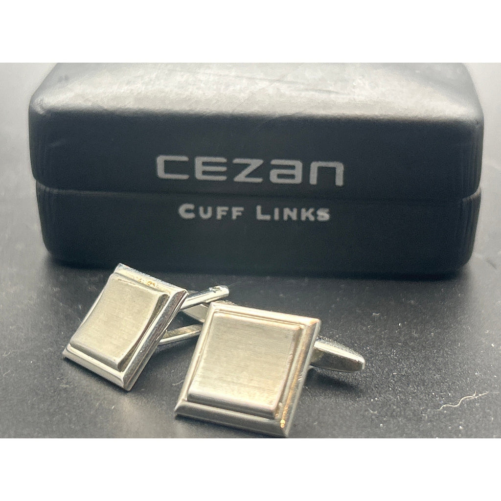 Vintage Cezan Silver Tone Cufflinks | Retro Modernist Bar Geometric Boxed