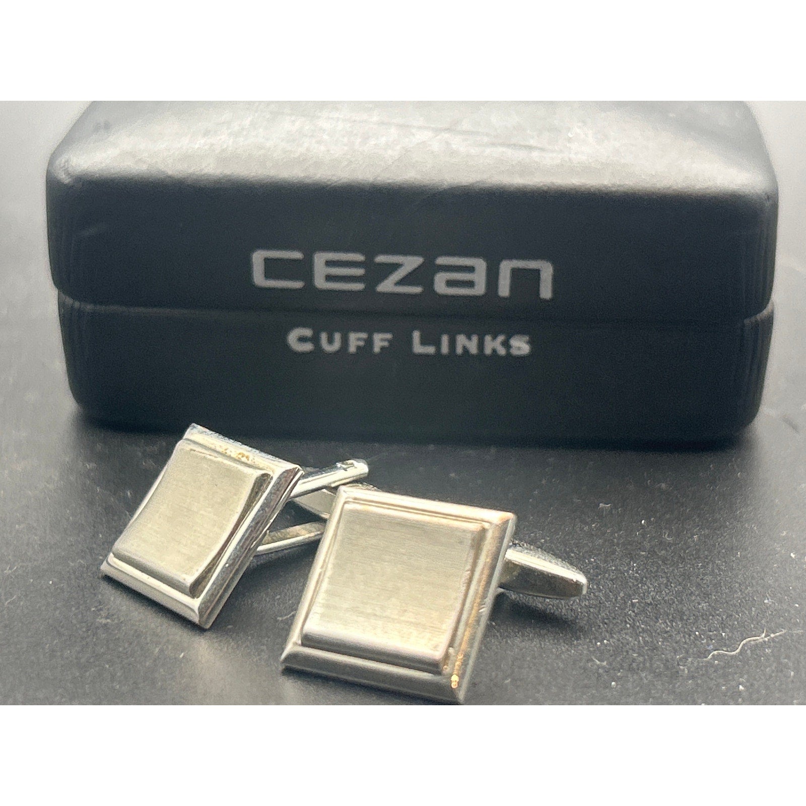 Vintage Cezan Silver Tone Cufflinks | Retro Modernist Bar Geometric Boxed