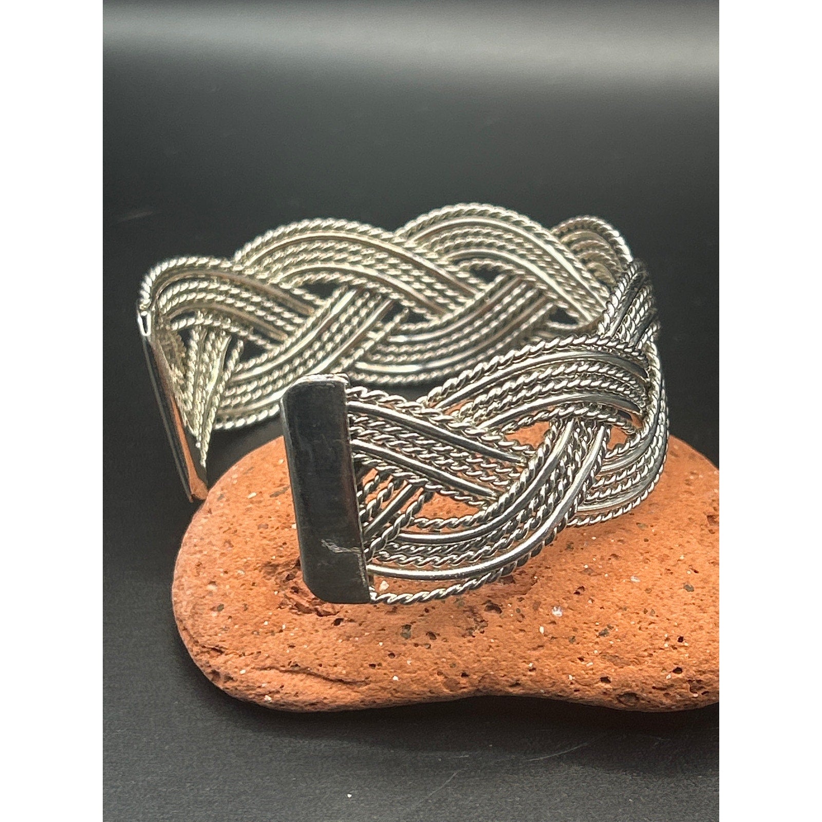 Vintage Silver Tone Braided Wire Cuff Bracelet Mixed Texture Open Bangle Adjust