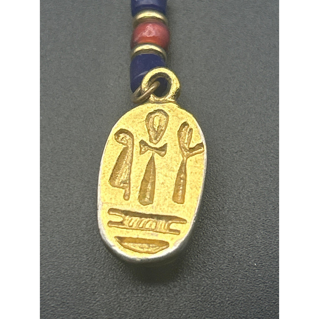 Vintage Egyptian Revival Scarab Earrings | Gold Tone Blue Red Bead Drop