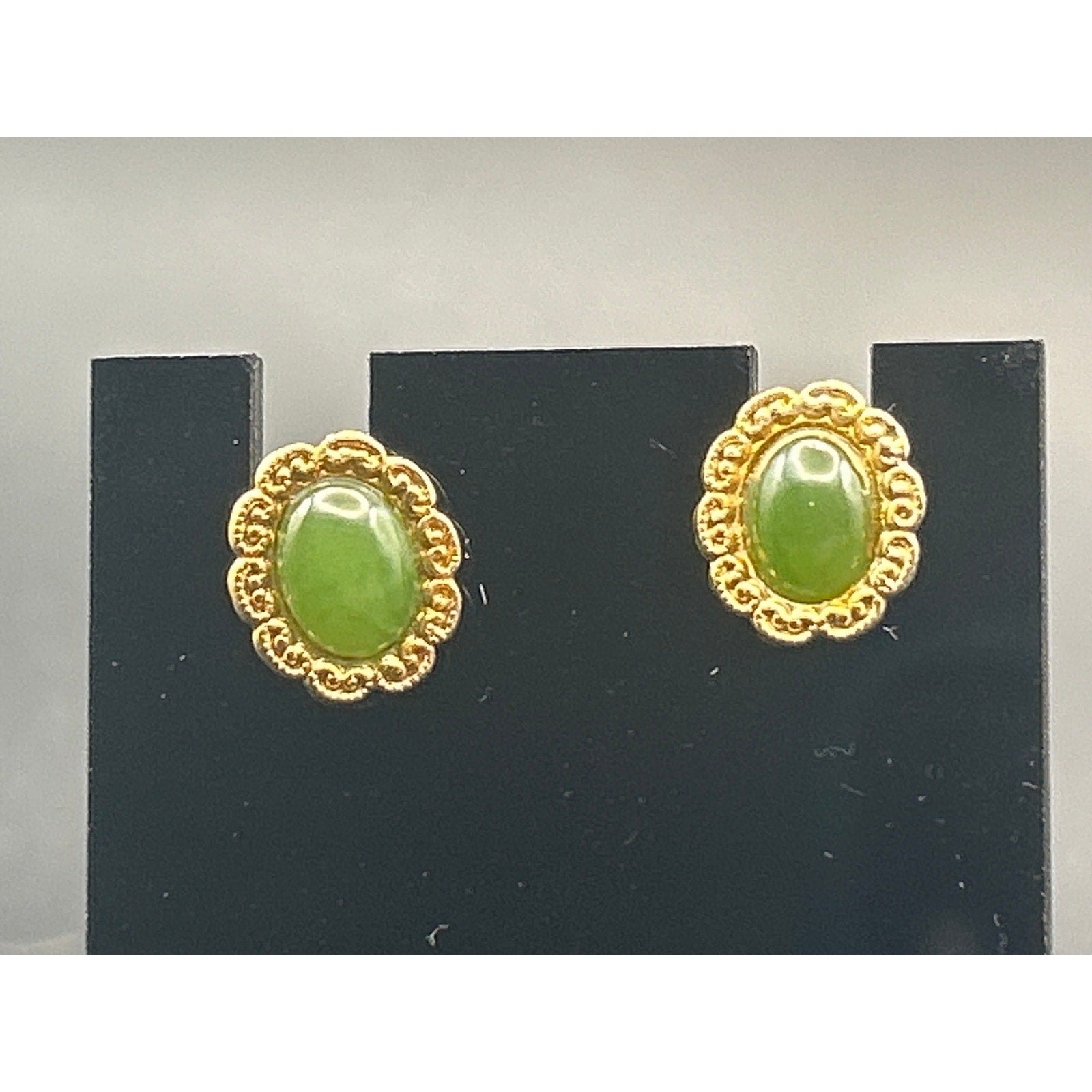 Vintage Faux Jade Cabochon Stud Earrings | Gold Tone Scalloped Floral