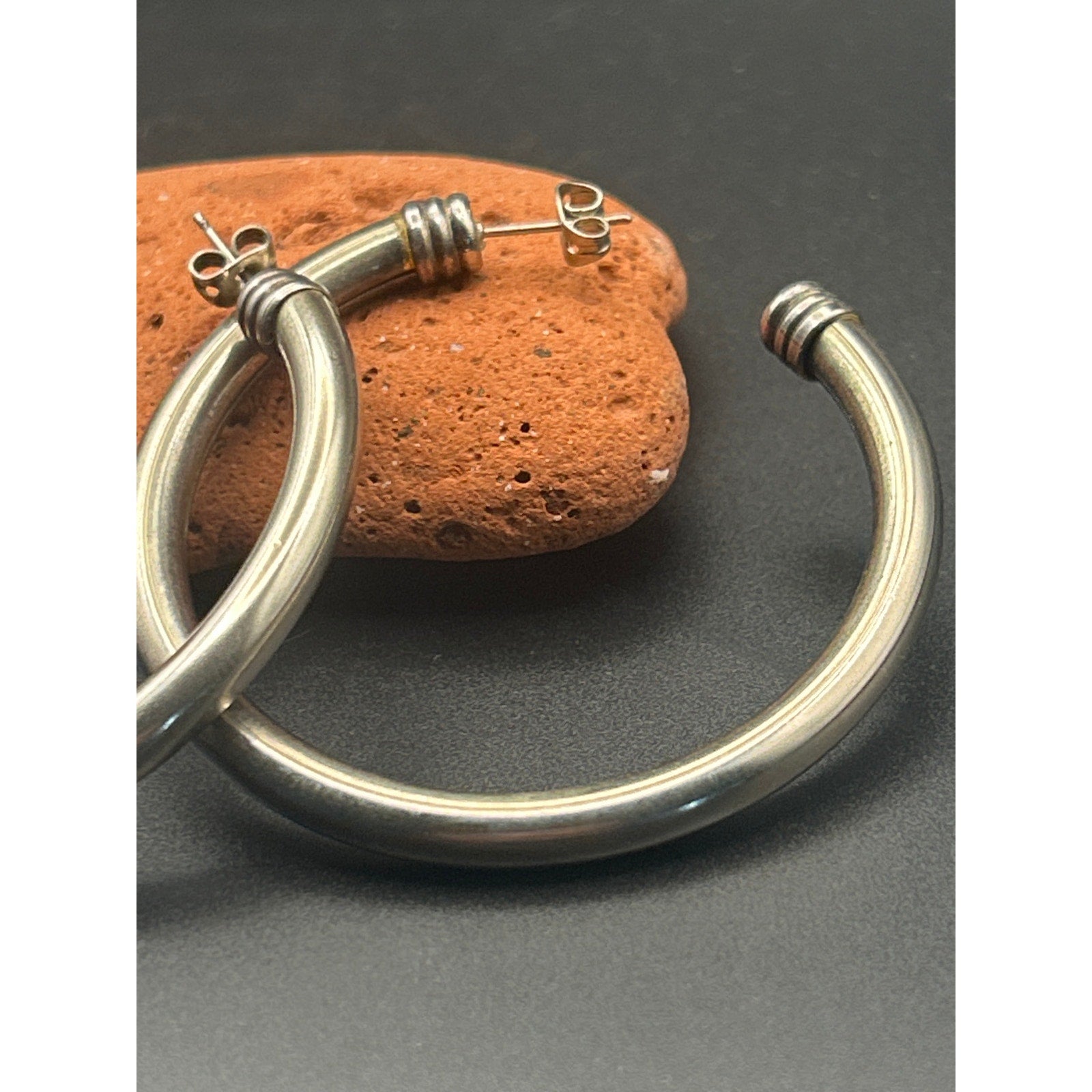 Vintage Silver Tone Wire Wrapped Cuffed Open Hoop Earrings 2 Inch