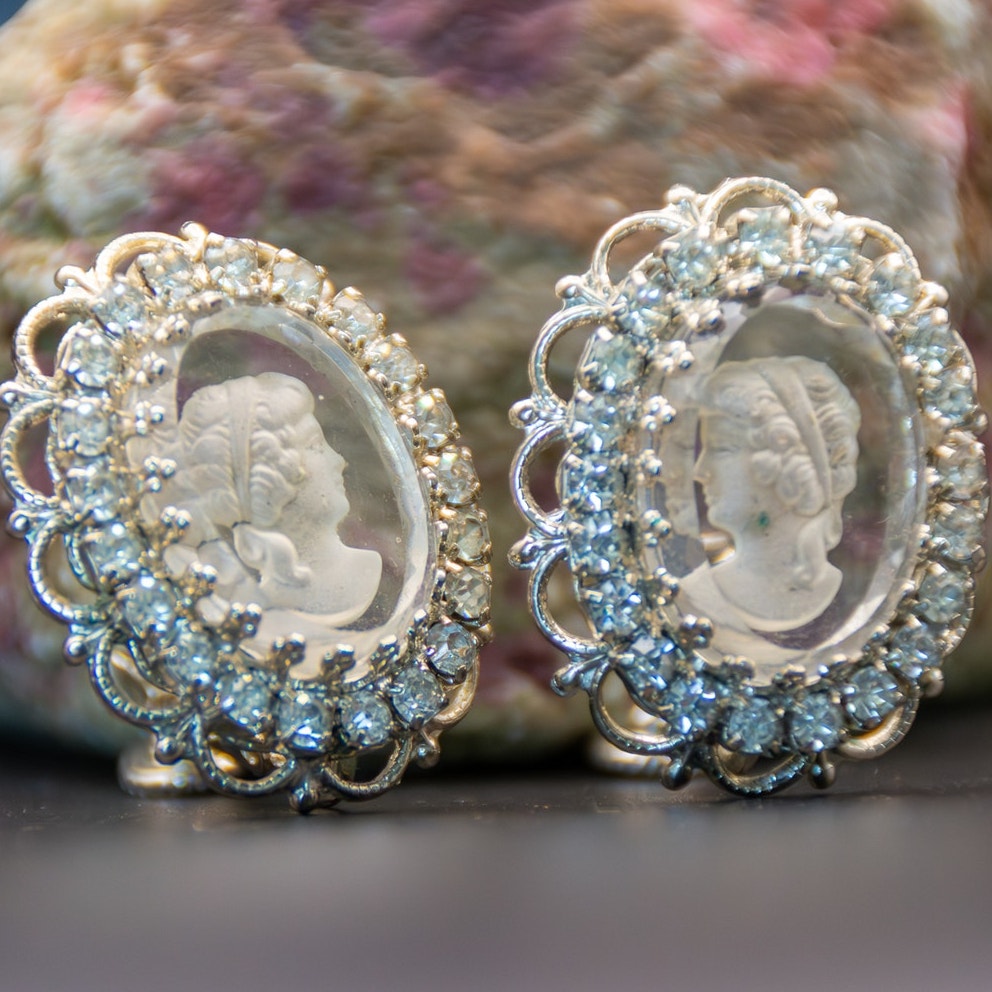 Vintage Joseph Warner Intaglio Cameo Glass and Rhinestone Clip On Earrings
