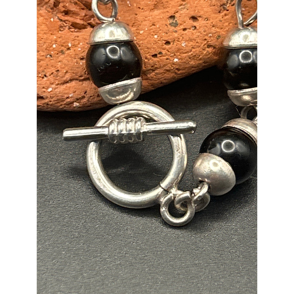 Vintage Mexican 925 Sterling Silver Black Onyx Bead Bracelet 6.5" Toggle