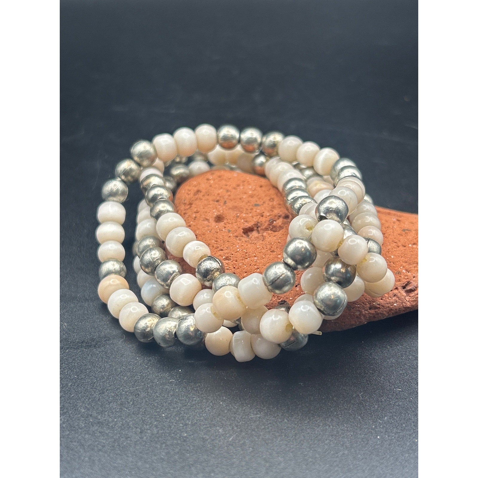 Vintage 4 Strand Glass and Silver Tone Beaded Bracelet